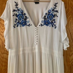 City Chic White Dress with Blue Embroidery